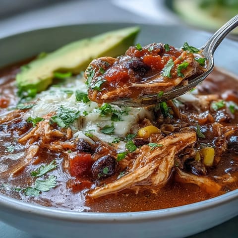 Geschmackvolles Instant Pot Chicken Tortilla Soup mit zartem Hähnchen, Bohnen und frischer Avocado im Brotschalen.