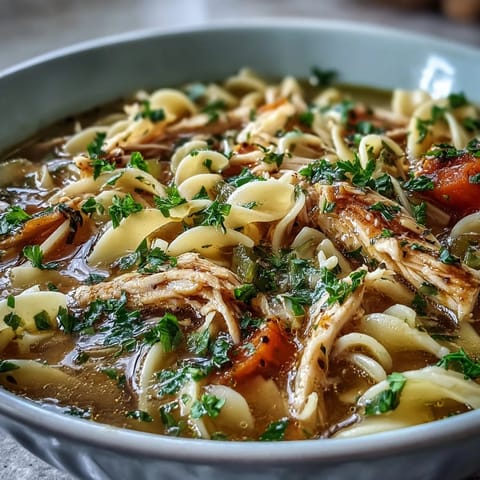 Instant Pot Chicken Noodle Soup garniert mit frischer Petersilie und Karottenstücken im Topf