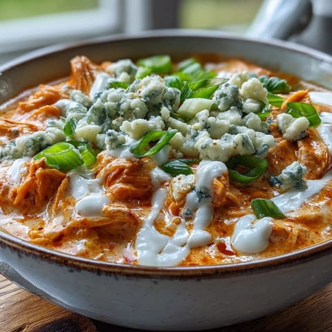 Crock Pot Buffalo Chicken Dip Soup mit gekochtem Hähnchen und geschmolzenem Cheddar im Topf.
