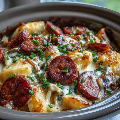 Crockpot Pierogi Casserole With Kielbasa gart langsam mit Zwiebeln und Pilzcreme für belegte Pierogi