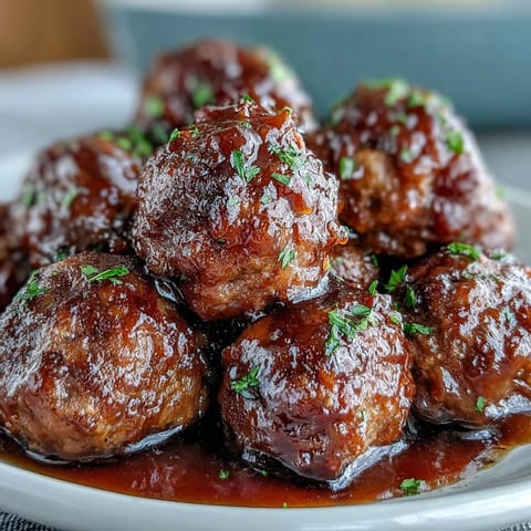 Zähe Fleischbällchen in scharfer Pfirsichsauce im Schongarer, als Party-Appetizer serviert.