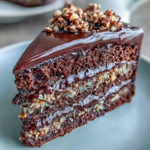 Ein frisch aufgeschnittenes Stück Chocolate Celebration Cake enthält weiche Schichten und knackige Hazelnut Praline Brocken.