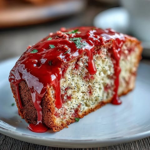 Eine Scheibe Blutorange-Kuchen mit Mohn und Marzipan zeigt die saftige Krume und den glasur-Tropfen.