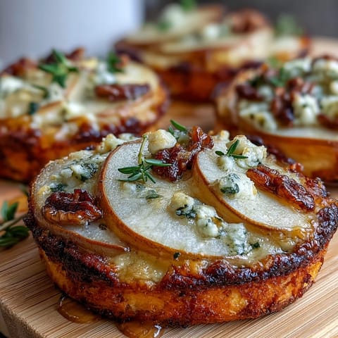 Golden mini pizzas topped with sweet pear slices and creamy Gorgonzola, ready to serve.