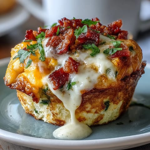 Goldene Breakfast Egg Muffins mit geschmolzenem Cheddar und knusprigem Bacon aus dem Ofen.