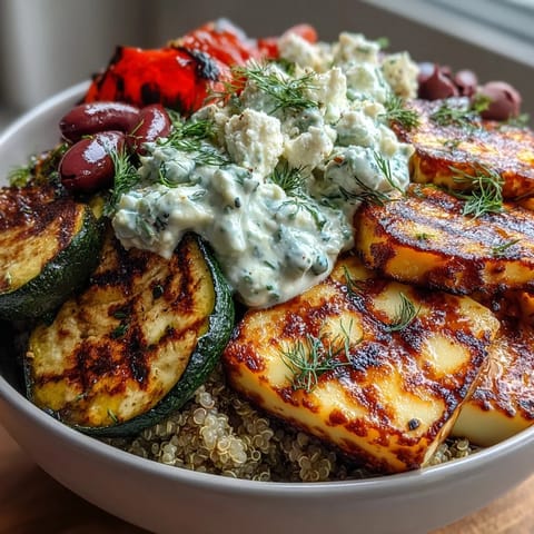 A vibrant Healthy Grilled Mediterranean Bowl featuring grilled chicken or halloumi over fluffy quinoa with olives.