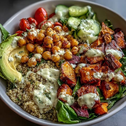 Genussvoll angerichtete Buddha Bowl aus Quinoa, karamellisierten Süßkartoffeln, Kichererbsen, knackigem Gemüse und cremigem Knoblauch-Tahini-Dressing.