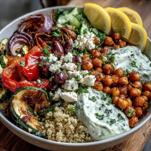 Golden roasted vegetables and crispy chickpeas arranged neatly in a hearty Mediterranean Buddha Bowl garnished with fresh parsley.