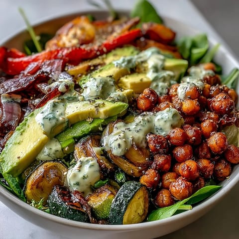 Dieses Vegan Mediterranean Buddha Bowl zeigt eine Schüssel mit buntem Gemüse, Kichererbsen und cremiger Avocado auf grünem Salat.