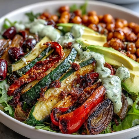 Ein fertiges Vegan Mediterranean Buddha Bowl mit Hummus, Oliven und Tahini-Dressing, serviert in einer großen Schüssel.