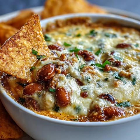 Heiße Black-Eyed Pea Dip mit Jalapeño und Cumin, cremig und würzig, auf einer Schale mit Tortilla-Chips.