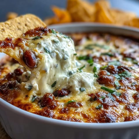 Goldbackene Black-Eyed Pea Dip mit Jalapeño und Cumin, geröstet mit Käse und frischem Koriander garniert.