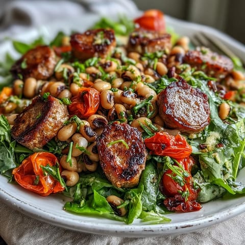 Vibrant Hoppin John Style Black-Eyed Pea Salad with turkey sausage and mustard dressing served on mixed greens.