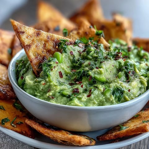 Avocado-Edamame-Dip mit knusprigen Pita-Chips in einer Schüssel, serviert mit goldbraunen Dreiecken daneben.