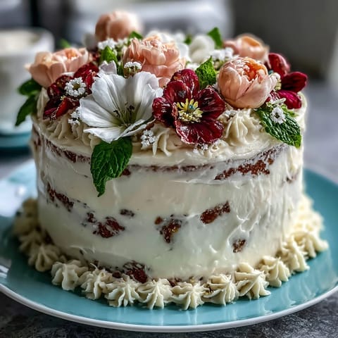 Schichtkuchen mit floraler Buttercreme für den Stier-Geburtstag und Abschlussfeier, elegant verziert mit bunten Blüten und goldenen Akzenten.