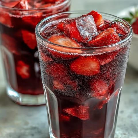 Fruchtiges Pink-Drink-Copycat-Rezept mit Erdbeer-Açaí und Kokosmilch in zwei hohen Gläsern mit Eiswürfeln und frischen Erdbeerscheiben garniert.
