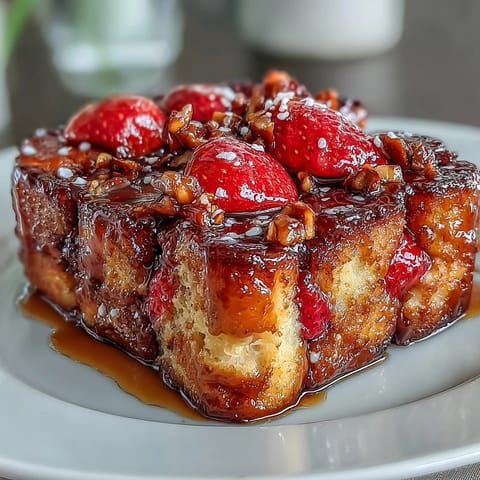 Spring Brunch Strawberry French Toast Bake mit frischen Erdbeeren und goldbraunem Brioche.