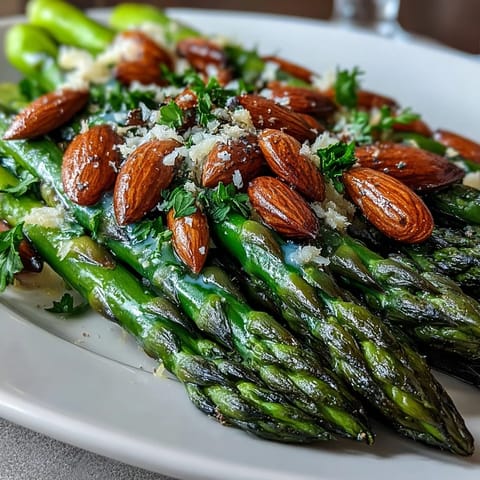 Zarter Spargel sautiert in zitroniger Butter und garniert mit gerösteten Mandeln - ein frisches, knuspriges Frühlingsgemüsegericht mit aromatischem Biss.