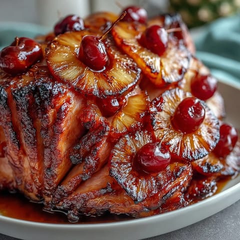 Goldener Honig-Schinken mit Ananasringen und Kirschen, perfekt für festliche Anlässe.