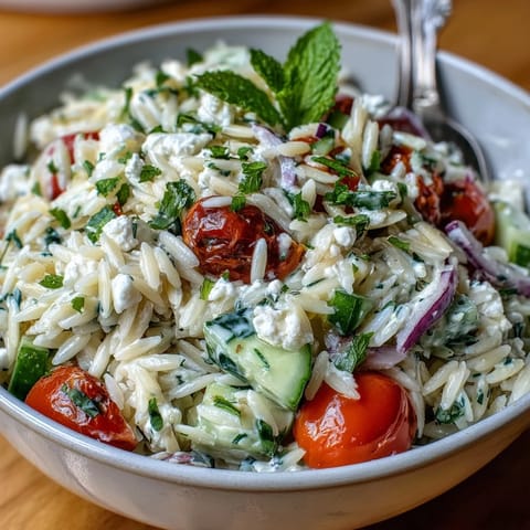Ein farbenfroher Orzo-Salat mit frischer Gurke, cremigem Feta und fruchtiger Zitronendressing, serviert in einer großen Schüssel.
