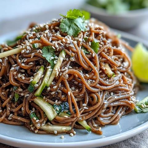 Kalte Soba-Nudelsalat mit Sesam-Ingwer-Dressing: Bunte Gemüse und zarte Nudeln in einer frischen, würzigen Marinade.