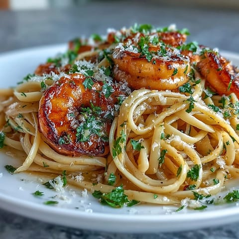 Shrimp Scampi Linguine: saftige Garnelen mit Knoblauch und Weißweinsauce.