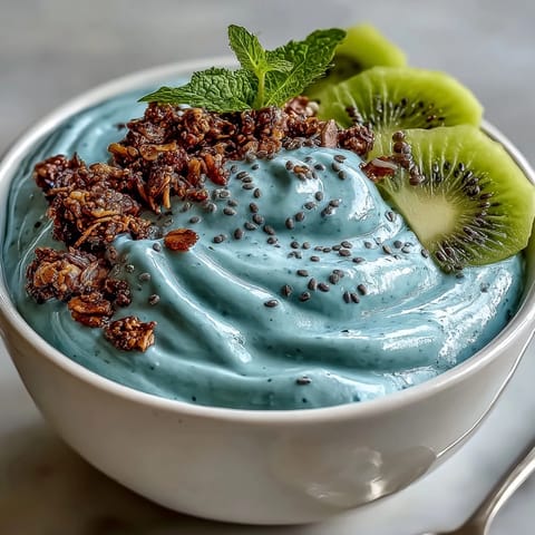 Cremige blaue Spirulina Smoothie Bowl, ansprechend garniert mit exotischen Früchten für Frühstück.