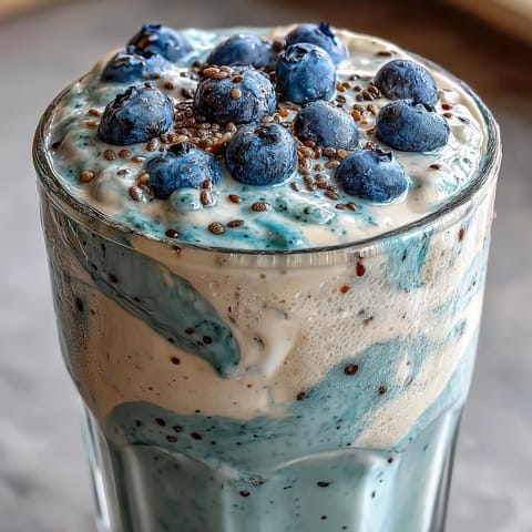 Gesunder Probiotischer Smoothie mit Blaubeeren und Leinsamen, leicht zubereitet und erfrischend.