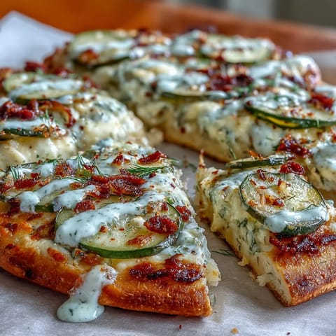 Würzige Pickle Pizza Flatbread with knusprigem, Ranch-Dressing überzogen.