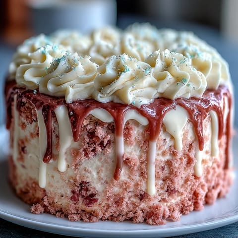Festliche Bridal Shower Rosé Velvet Cake überzogen mit cremiger Frischkäseglasur und Gold.