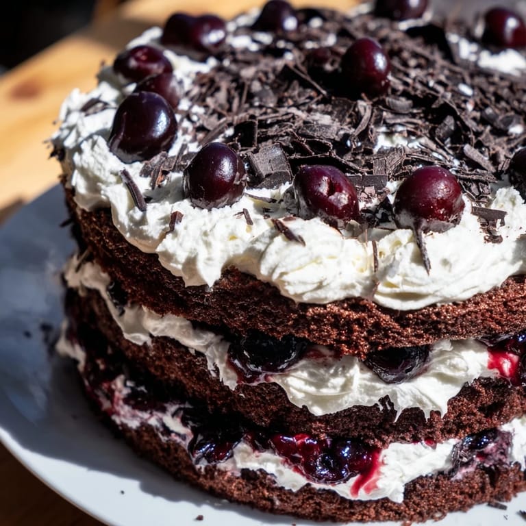 Vielschichtige Schwarzwälder Kirschtorte mit Kirschfüllung und schokoladiger Dekoration.