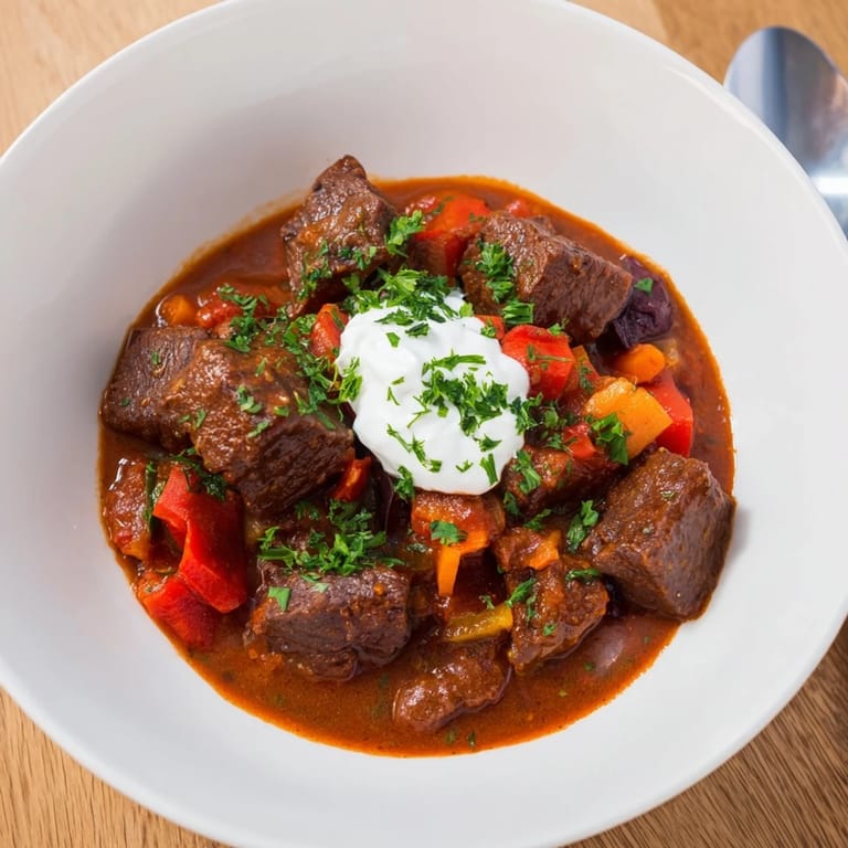 Herzhafter Beef Goulash in einem großen Topf, gefüllt mit frischen Gemüse und Gewürzen.