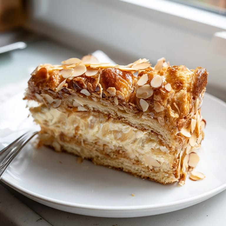 Einfacher Bee Sting Cake, geschichtet mit samtiger Vanillecreme und crunchy Mandeln.  