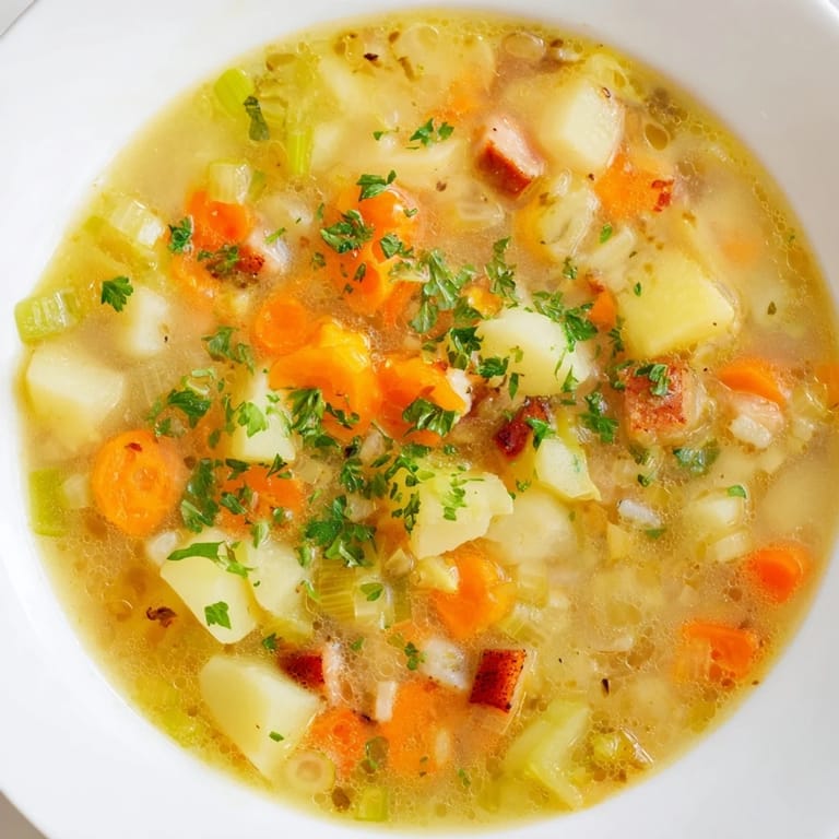 Füllende deutsche Kartoffelsuppe mit frischen Kräutern und knackigem Gemüse serviert.