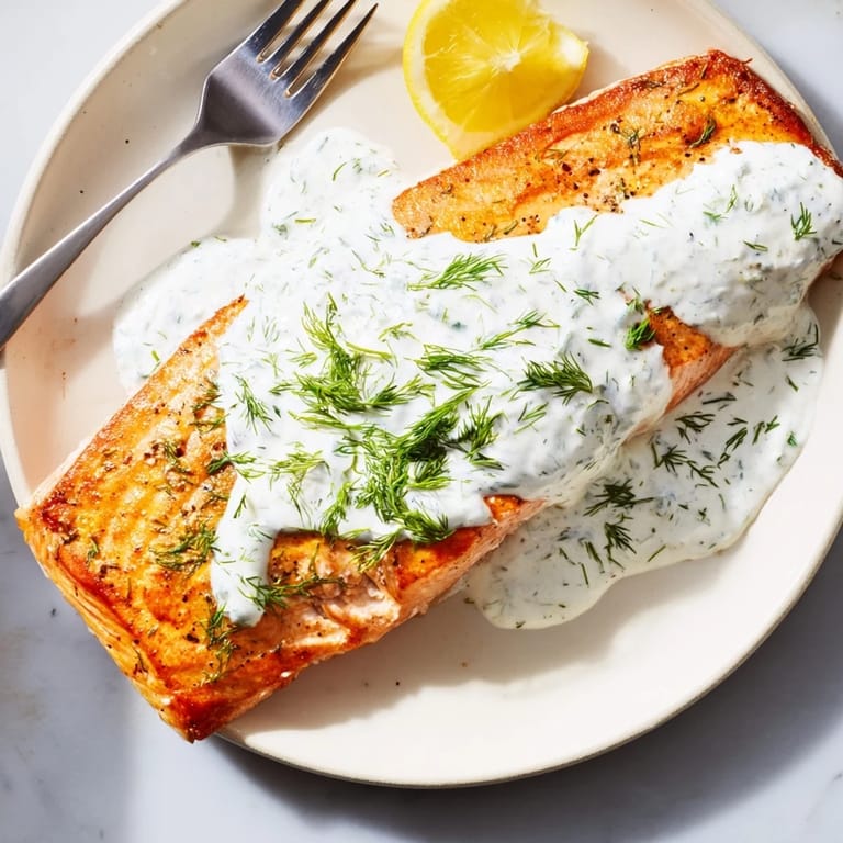 Leckeres Lachsrezept, serviert mit einer aromatischen Dillsoße und frischen Zitronenscheiben.