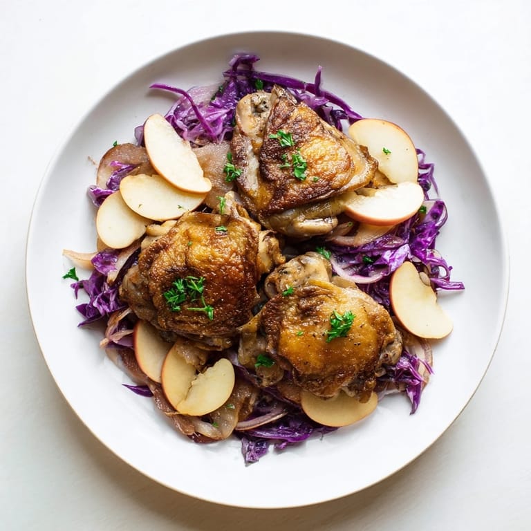 Flavorful close-up of the Budget Oktoberfest Chicken and Red Cabbage, ready to serve with parsley.