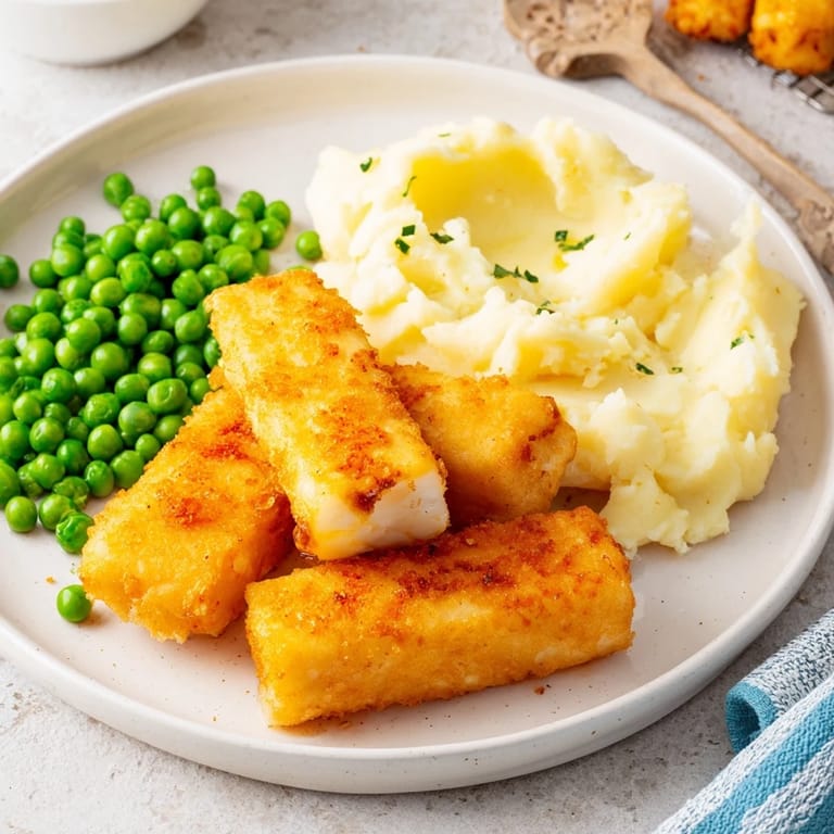 Delicious, freshly baked oven fish sticks are plated next to a generous scoop of fluffy mashed potatoes.