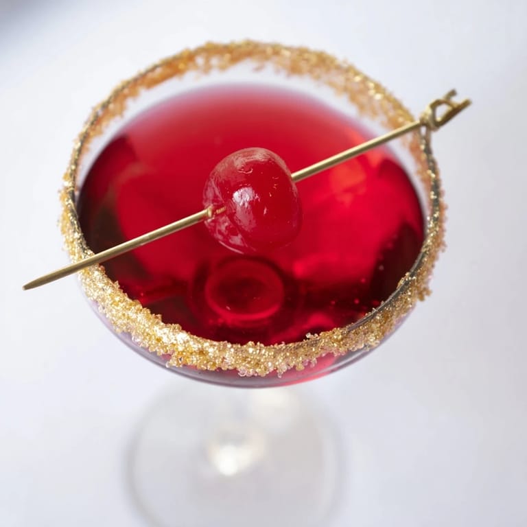 Elegant Rococo Kirsch Martini, expertly shaken with a gold-sugared rim in a chilled glass.