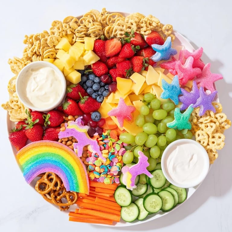 This festive Unicorn Party Platter presents a rainbow of colorful fruits, veggies, and savory snacks.