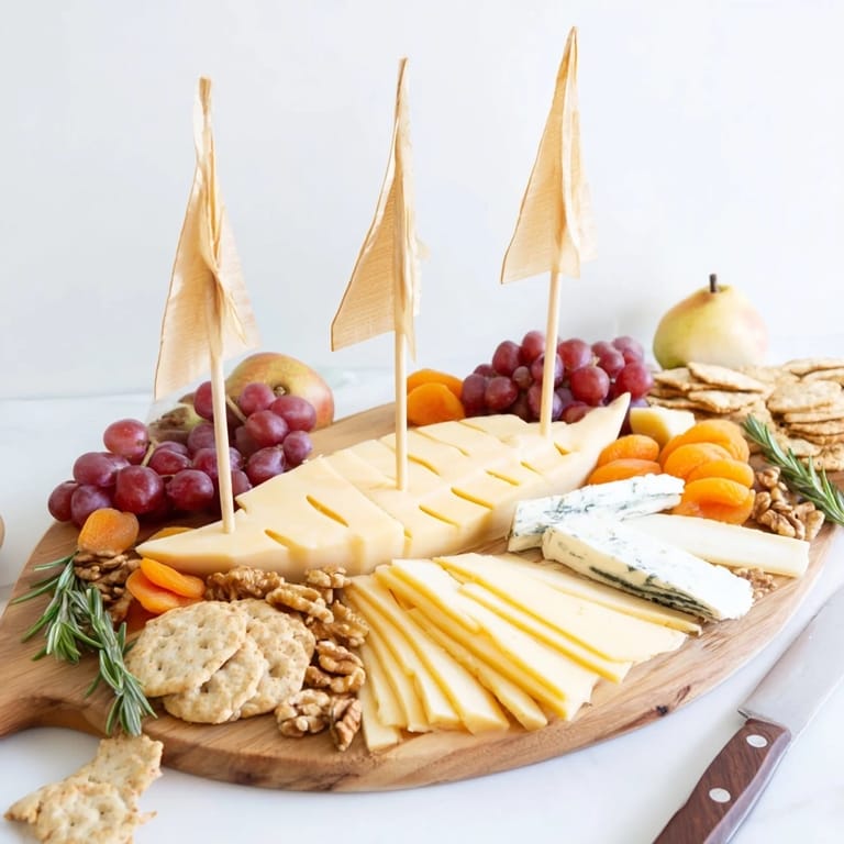 Elegant Sailboat Cheese Platter appetizer featuring a variety of cheeses, crackers, and nuts.