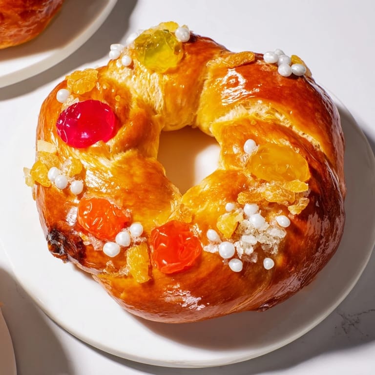 A close-up of the Couronne de Roi Bijoux Sucrés, a festive bread crowned with colorful fruits and sugar.