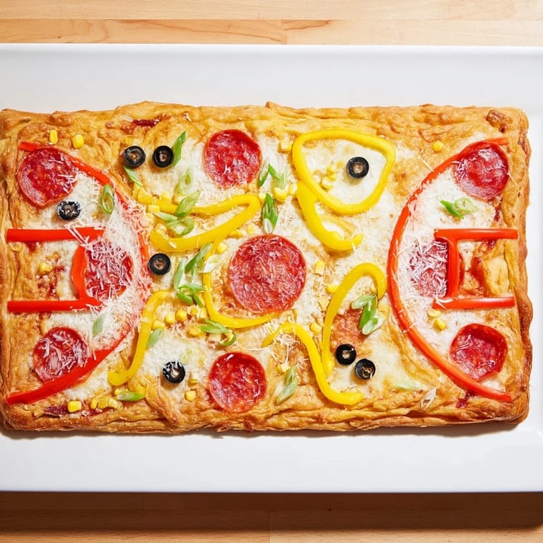 A delicious, cheesy Basketball Court Pizza with pepperoni basketballs and vibrant bell pepper court lines.