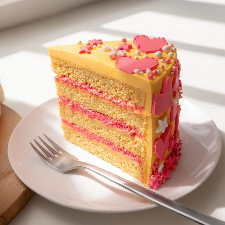 Vibrant Château de Princesse Cœurs et Étoiles cake, layered with pink and yellow frosting, ready to serve and enjoy.