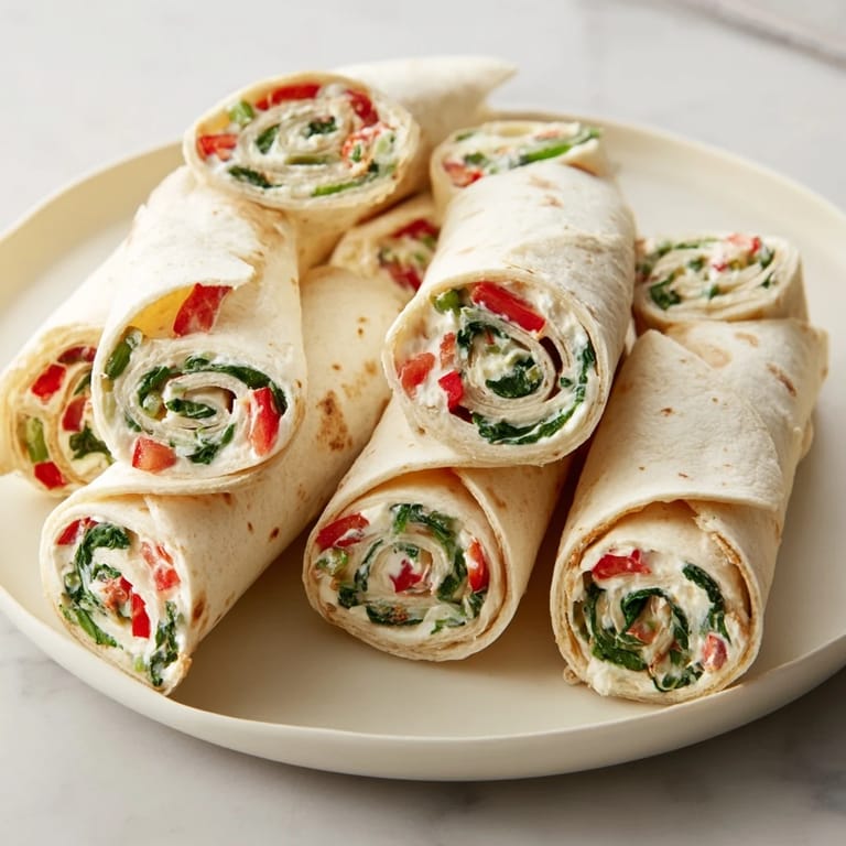 Close-up of vibrant Christmas Scarf Tortilla Roll-Ups, featuring a creamy filling and fresh veggie ingredients.