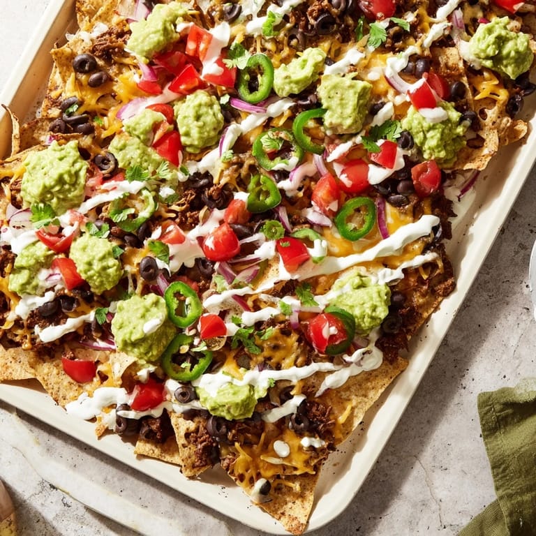 Game day excitement: a close-up of the delicious Football Field Nacho Platter with fresh toppings.