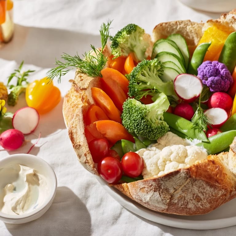 A visually appealing close-up of the festive Cornucopia Veggie Board for a Thanksgiving appetizer or side.