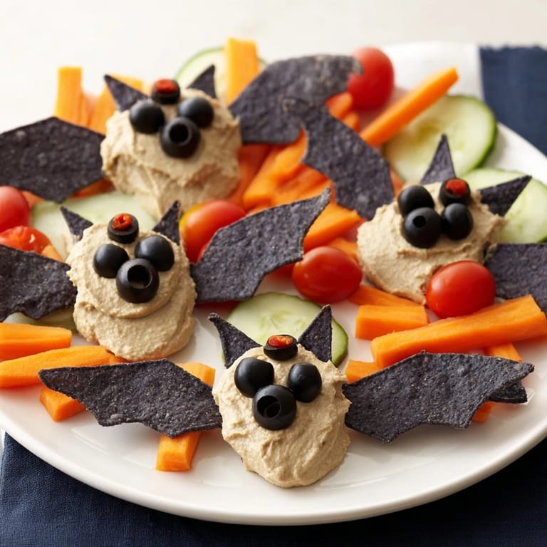 A close-up of the finished Spooky Bat Bean Dip Platter: creamy bean dip artfully shaped like bats.