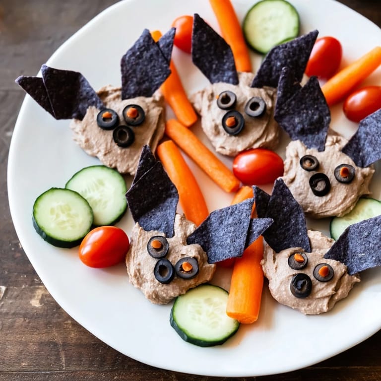 Delicious Spooky Bat Bean Dip Platter appetizer, a vegetarian Halloween treat, ready for dipping now.