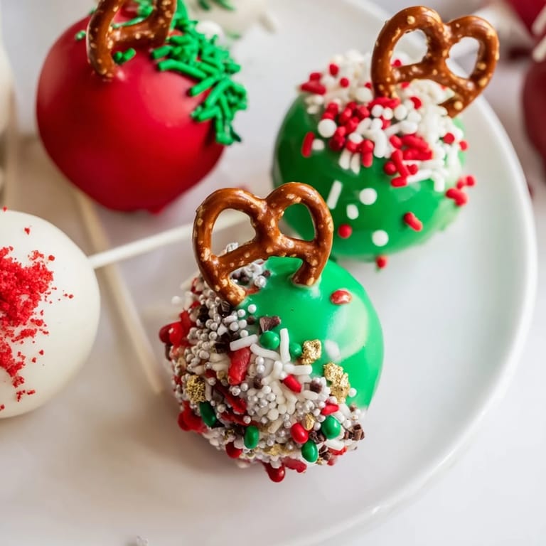 Shiny ornament ball cake pops, decorated with sprinkles and edible glitter, ready to be enjoyed.