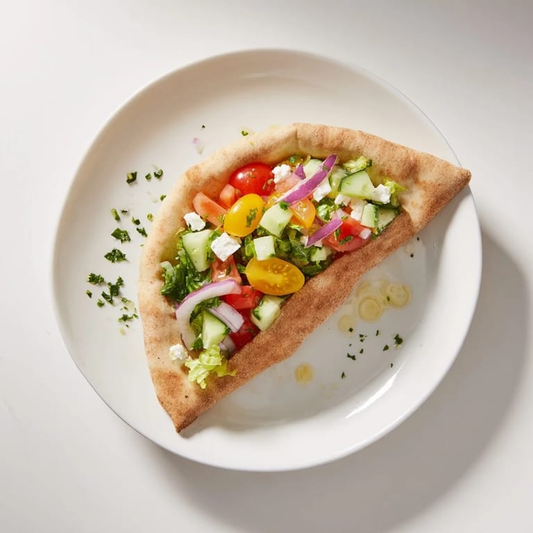 Fresh vegetables spilling from mini pita pockets beside three hummus bowls on a Mediterranean savory board.